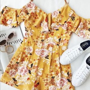 Golden Hours Mustard Yellow Floral Print Off-the-Shoulder Romper